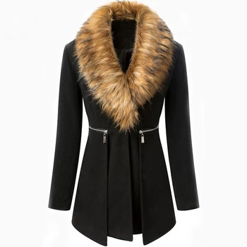 Fashion Brand 2014 Autumn/Winter Women's Black Fur Collar Long Sleeve Zipper Woolen Coat Overcoat | Женская одежда