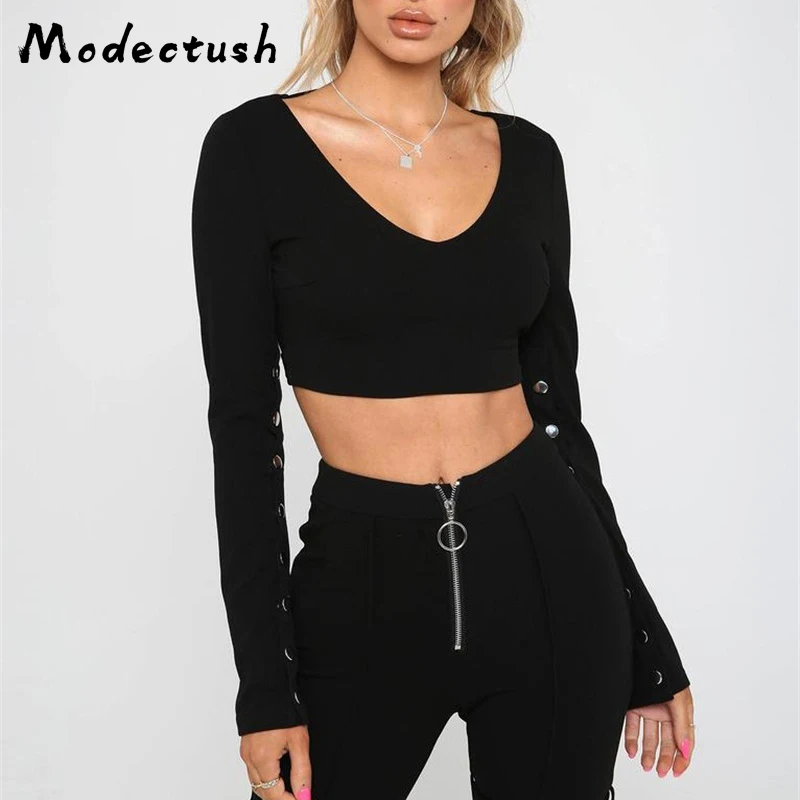 

Modecrush Sexy Vintage Backless Button Crop Tops Summer 2019 Womens V Neck Short T-shirts Mujer Long Sleeves Belt T Shirt