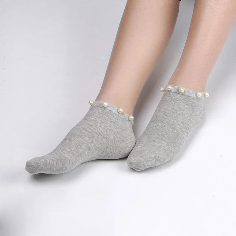 Модные кружевные женские носки с жемчугом; зимние носки; теплые хлопковые женские короткие носки; однотонные повседневные носки для девочек; короткие носки; Sokken skarpetki - Цвет: style 2 gray