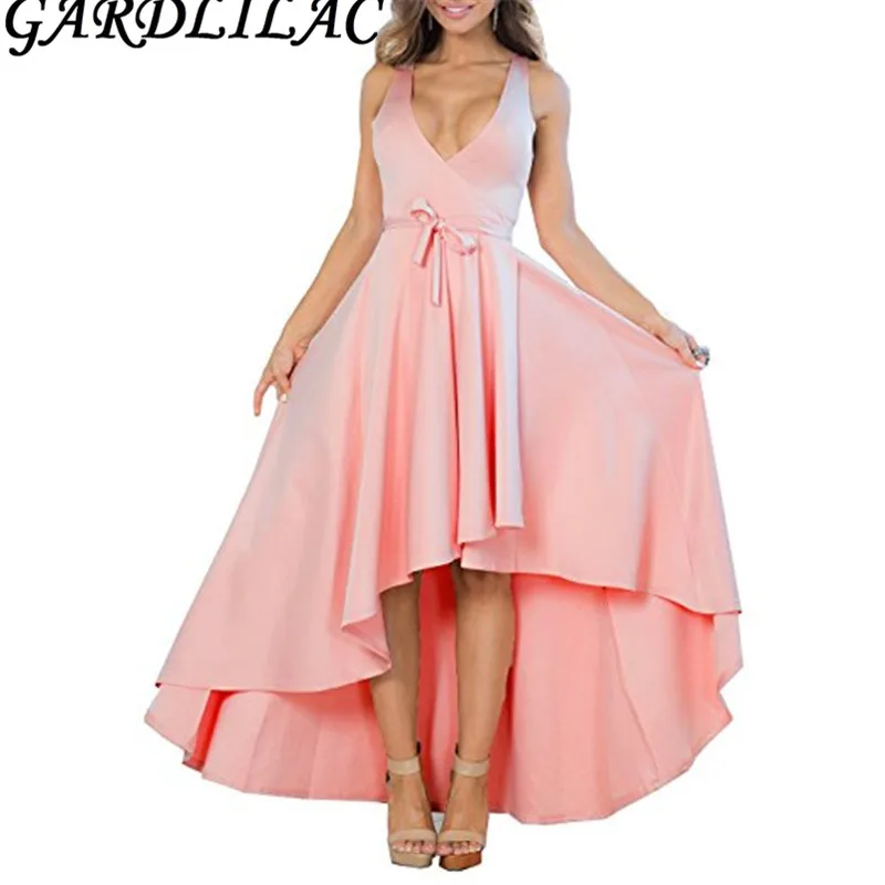 Gardlilac Sexy V Neck Hi Low Cocktail Dress with Bow Stain Sleeveless