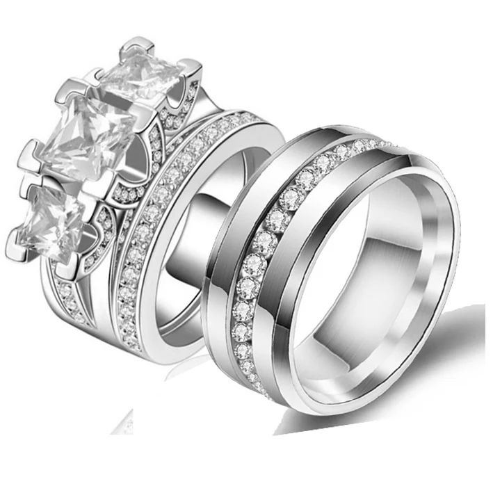 Best Selling Princess Cut Cubic Zirconia Couple Rings Stainless Steel Wedding Ring Set For Women And Men Drop Shipping