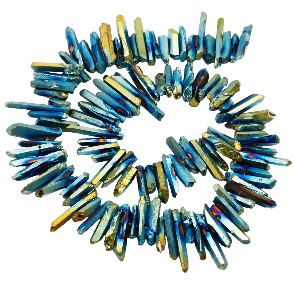

TUMBEELLUWA Blue Gold Titanium Coated Crystal Points Quartz Rough Sticks Spikes Point Beads 16 inch Strand Drilled