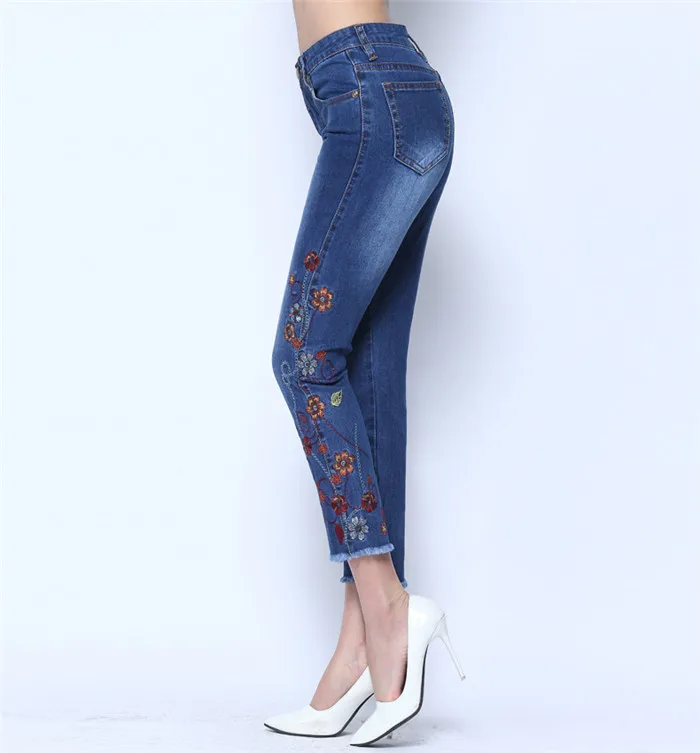 

Spring embroidered cuffed small straight embroidered jeans female elastic