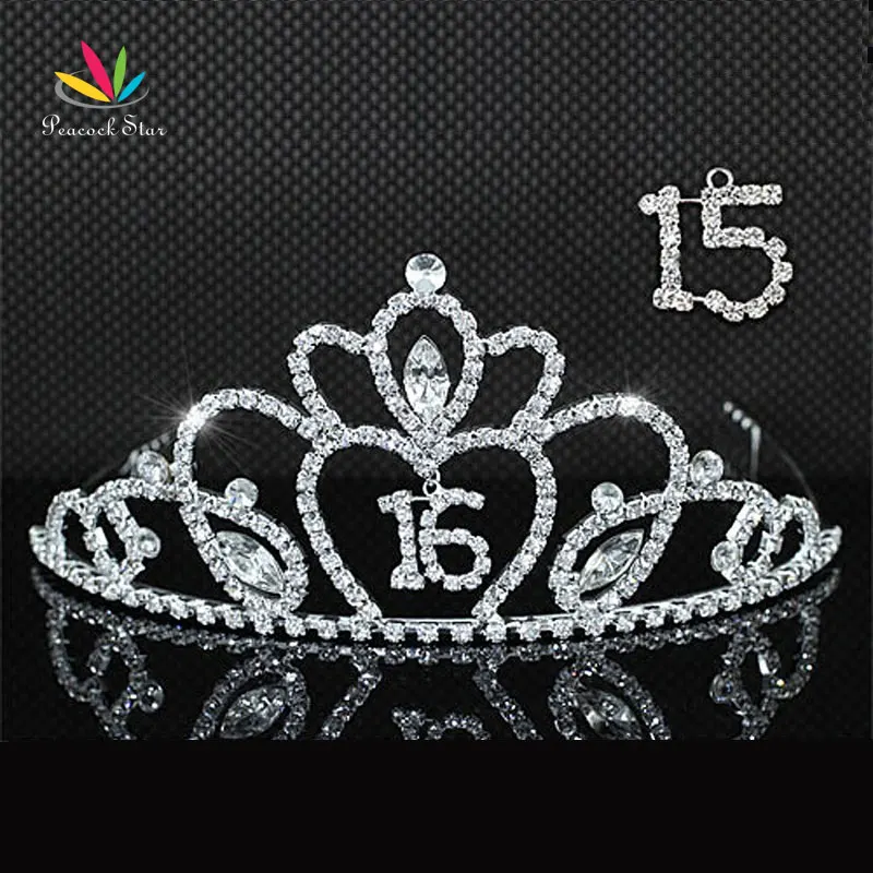 

Peacock Star Silver Sweet 15 & 16 Birthday Crystal Heart Quinceanera Tiara CT1548