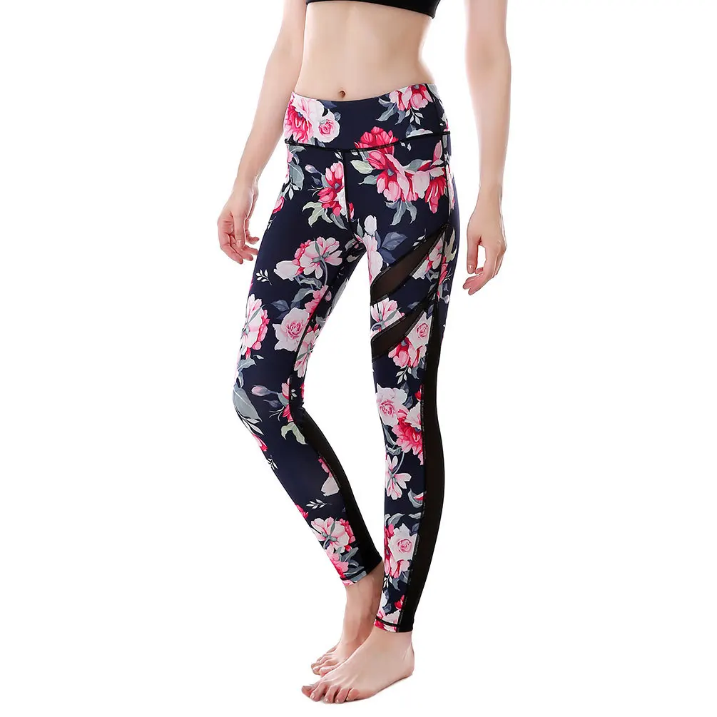 

Roses floral print yoga pants 2017 Fall winter dance tight pants Ballet ballerina sportswear gym back mesh panel Sports leggings