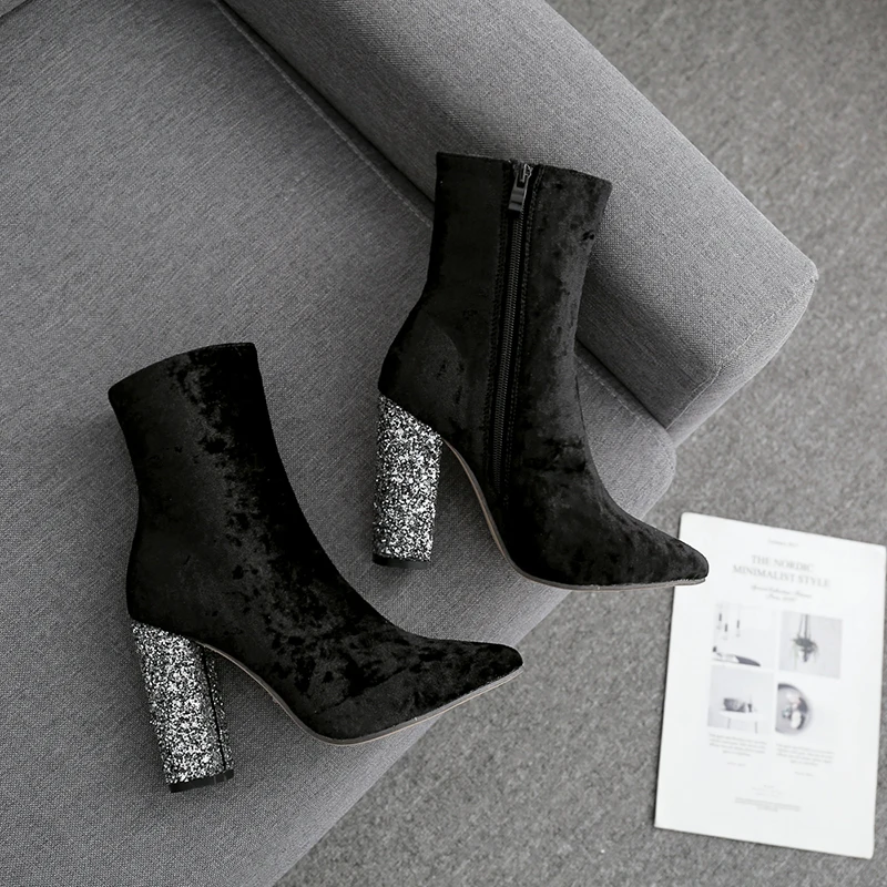 Cristallo Spessore Donne Flock Stivali Tacco Black Rhinestone White Velluto Donna Jijnjoe Tacchi Autunno Blocco Caviglia stretch Fabric flock Della Del Delle Scarpe Alti Di wX6H8qU
