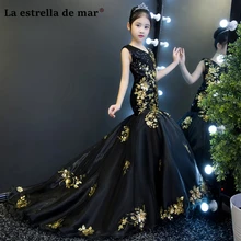 Vestidos de comunion2018 v-образным вырезом черного и золотого цвета блеск Сексуальная Русалка Платья для младенцев длинные красивые девушки бальный наряд изготовление под заказ
