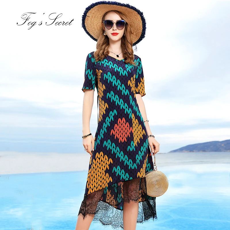 

Women Dress Real silk 2019 Colorful Green Print Flower Lace Loose Plus size Dress with sashe XXXL L Size