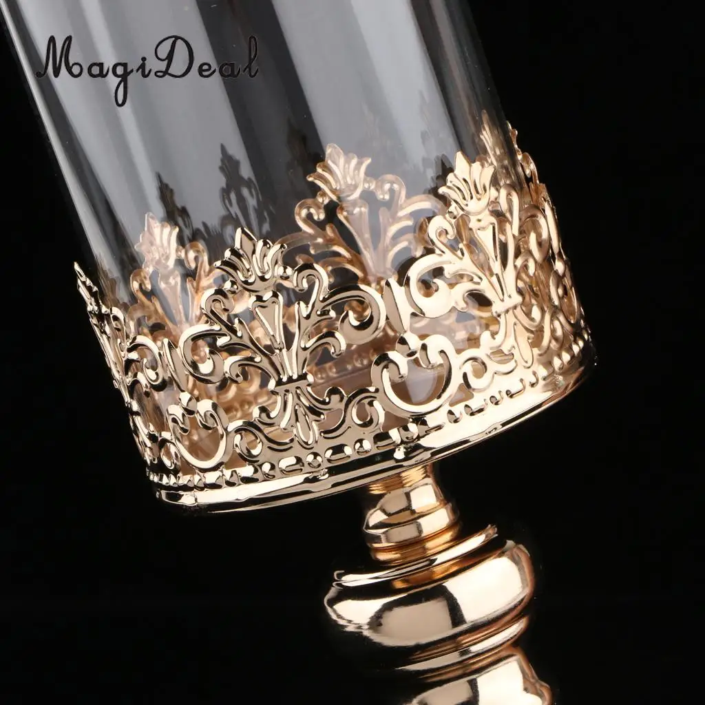 Antique Gold Metal Pedestal Candle Holder with Glass Flower Vase Crystal Draped Pillar Stand Accent Display Ornament Gift