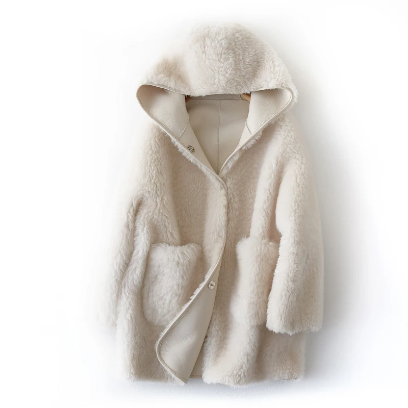 YOLANFAIRY Geniune Fur Jacket Women Winter Warm Thick Wool Coats Real Sheep Shearing Hooded Overcoat PU Leather Liner MF441 | Женская