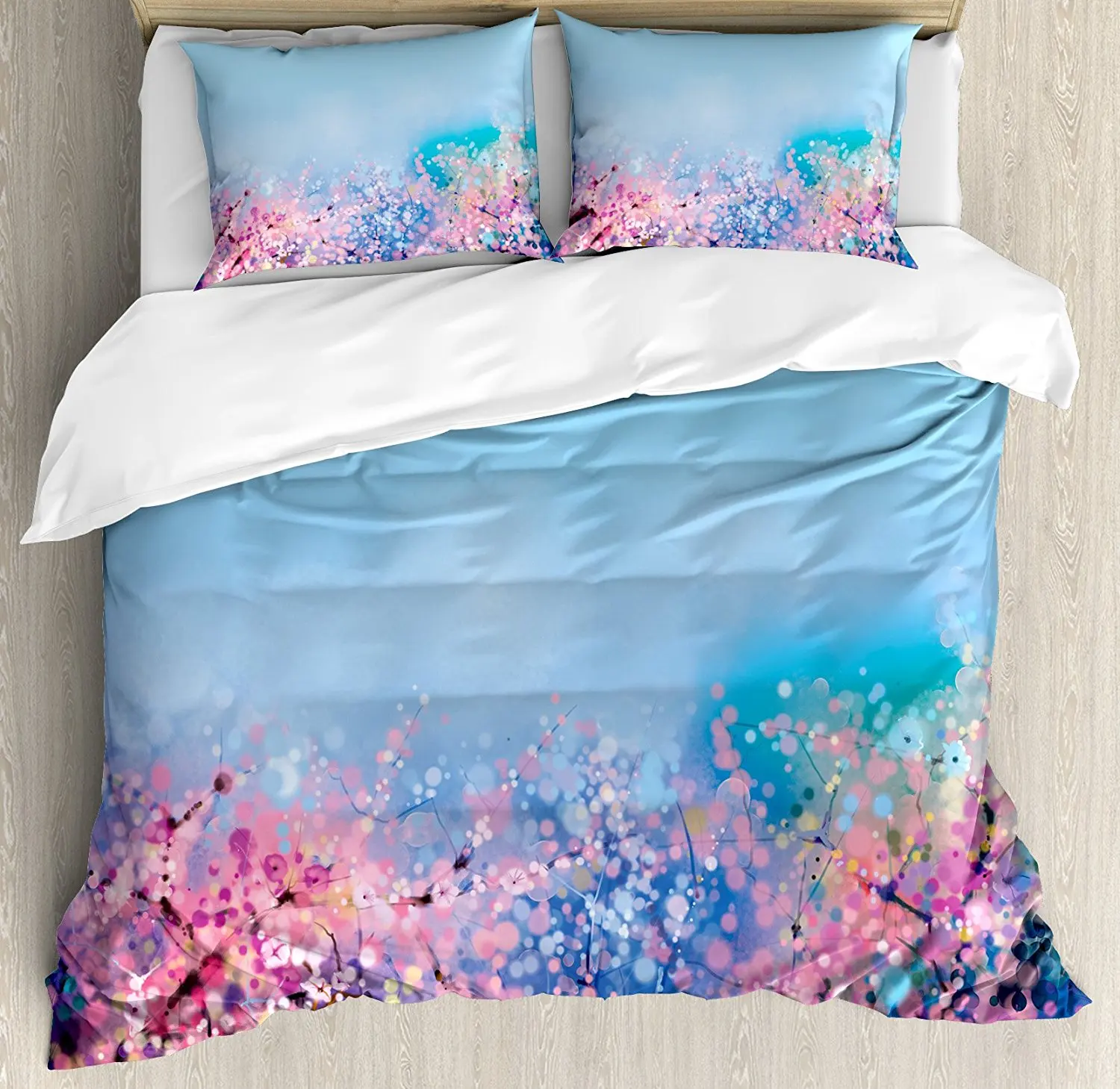Duvet Cover Set, Retro Cherry Blossom Petal Perennial Herb Botanic