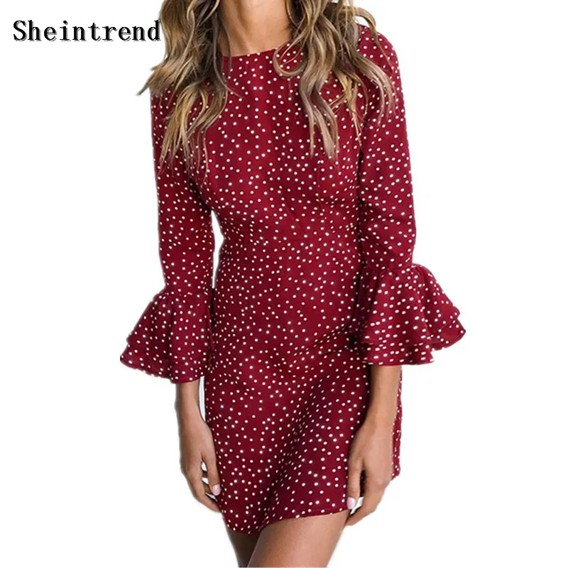 Sheintrend 2018 осеннее женское платье в горошек Bodycon платья Sexy Bohemian Sheath длинными расклешенными рукавами платье женщина халат Vestiaos