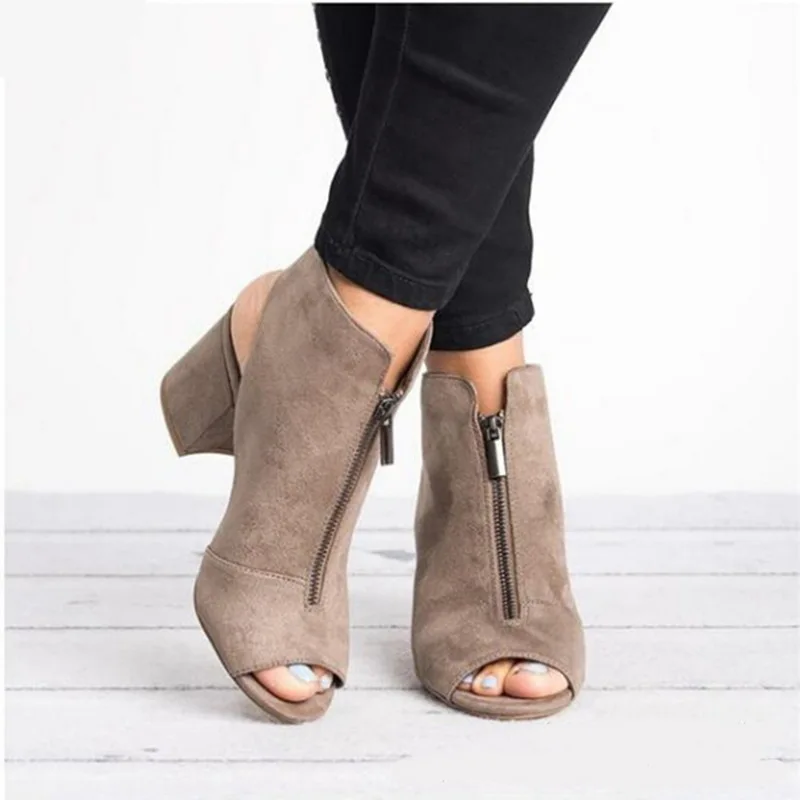 Ankle Boots Faux Suede Leather Casual Open Peep Toe High Heels Zipper Square Rubber Women Shoes