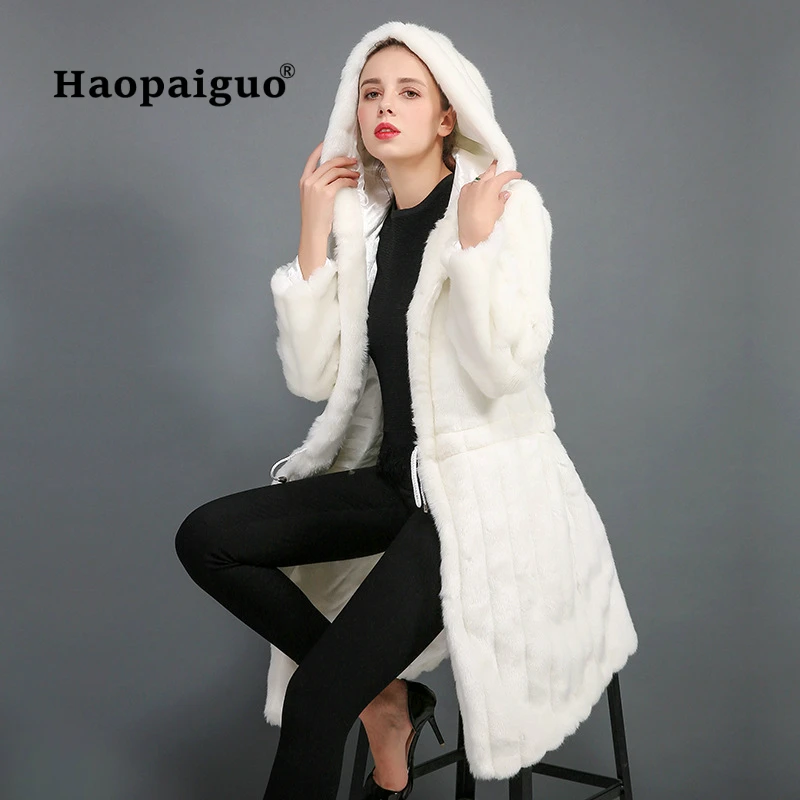 Белое кроличье меховое пальто женское с длинным рукавом толстое теплое меховое пальто женское с капюшоном классическое благородное Золотое соотношение практичная Меховая куртка шапка - Цвет: White
