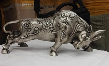 

Chinese White Copper Silver Lotus Zodiac Year Ox Oxen Cattle Bull Bovine Statue