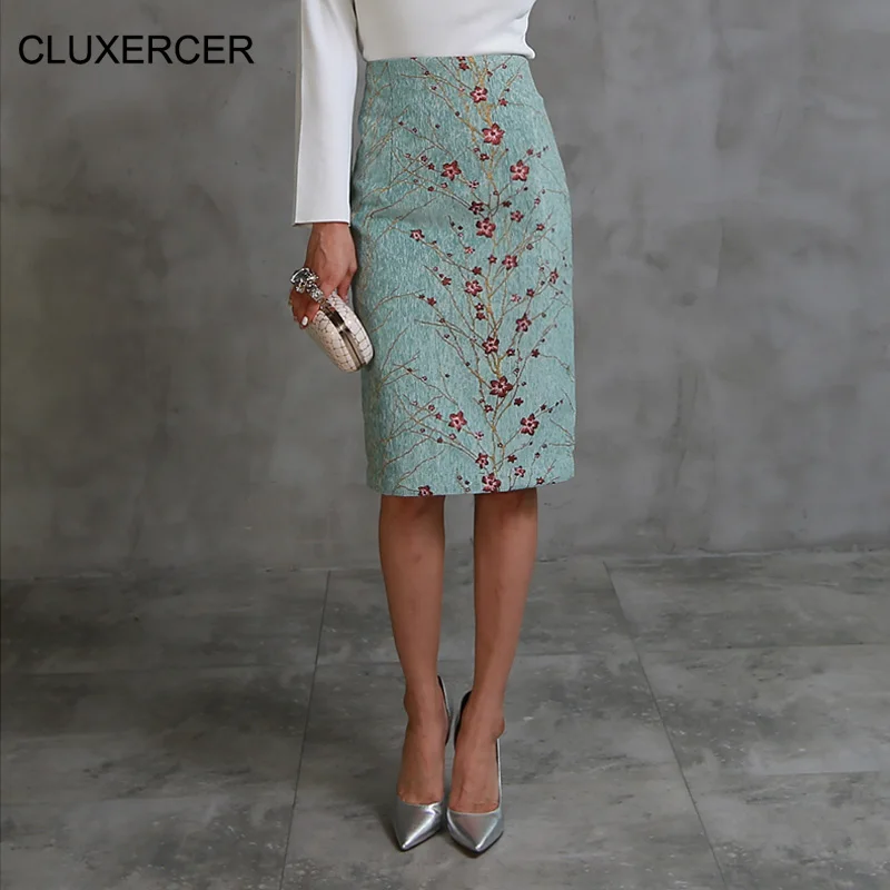 Autumn Winter Women Skirt Light Green Sexy Floral Print High Waist