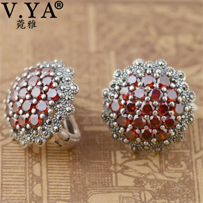 

V.YA Real 925 Sterling Silver Jacinth Garnet Stone Earrings For Women Lady Elegant Party Jewelry Hoop Earrings Best Gifts