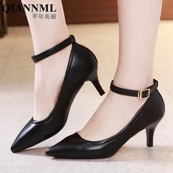 

Medium Heel Pointed Toe Shallow Pumps Women Shoes Spring 2019 Ankle Buckle Stilettos Office Shoes Ladies Black Heel