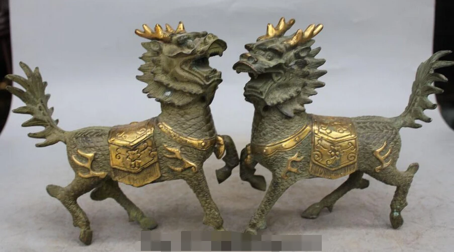 

8"China Bronze Gilt Folk FengShui kylin Chi-lin Unicorn Dragon Beast Pair Statue S0708