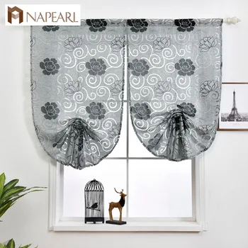 

NAPEARL 1 PC Short Roman Curtain Modern Kitchen Small Window Door Jacquard Fabrics Floral Design Gray Red Tie Up Balloon