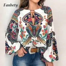 Fanbety 5XL Autumn Floral Print Blouse blusas Women Sexy Tassel Lace-up Lantern sleeve Shirts tops Summer Blouses Femininas