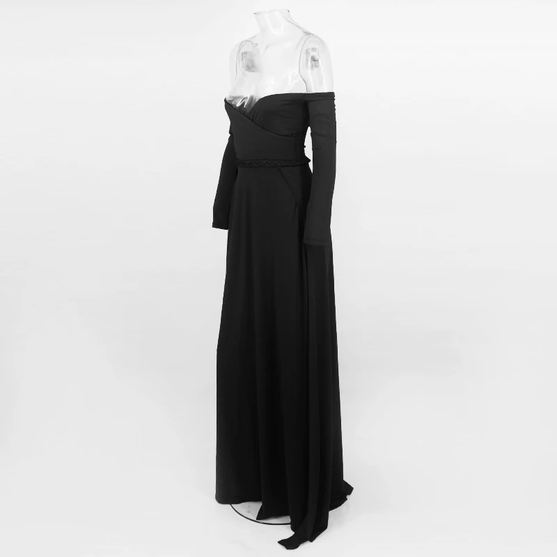 Tobinoone, зимнее платье с высоким разрезом, элегантное, черное, красное, макси, бохо, длинное платье, для женщин, с открытыми плечами, вечерние, сексуальное платье - Цвет: Черный