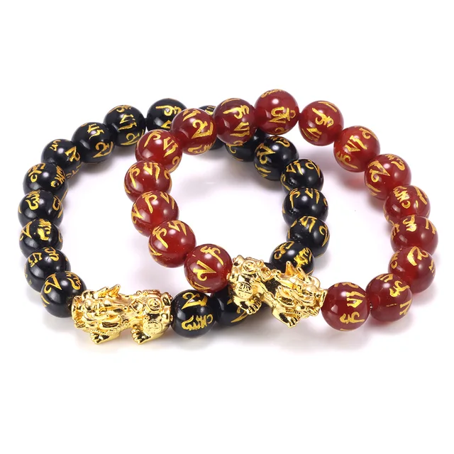 Natural Stone Beads Bracelet Couples Black and Red Onyx Six Words