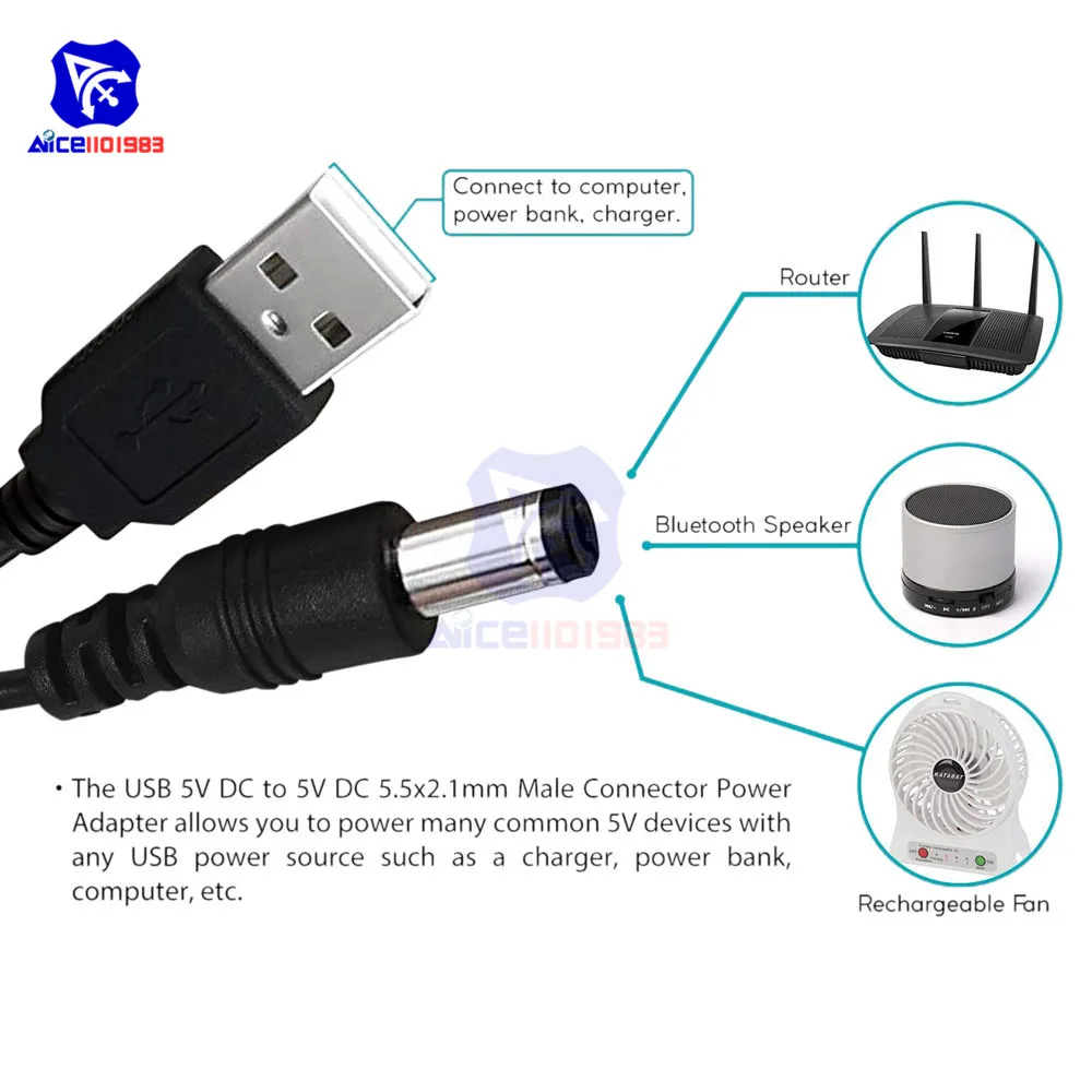 USB 2,0 mâle à 5,5 2,1 mm DC Plug BNC 5 V Câble USB/DC cable 80 cm 