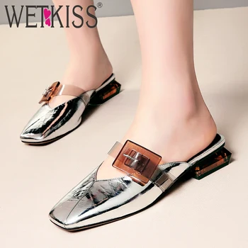 

WETKISS 2020 New Slides Shoes Women Transparent Pvc Slippers Summer Strange Style Shoes Female Buckle Cow Leather Mules Shoes