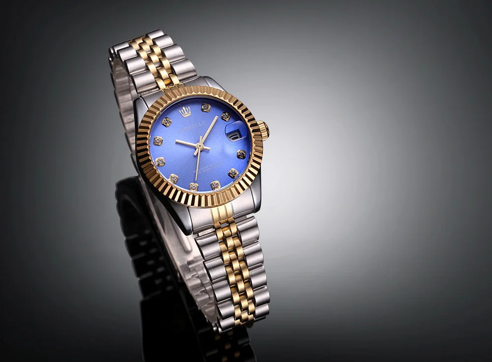 Абсолютно новые роскошные женские стильные Стальные наручные часы с золотым синим циферблатом женские кварцевые часы с коробкой