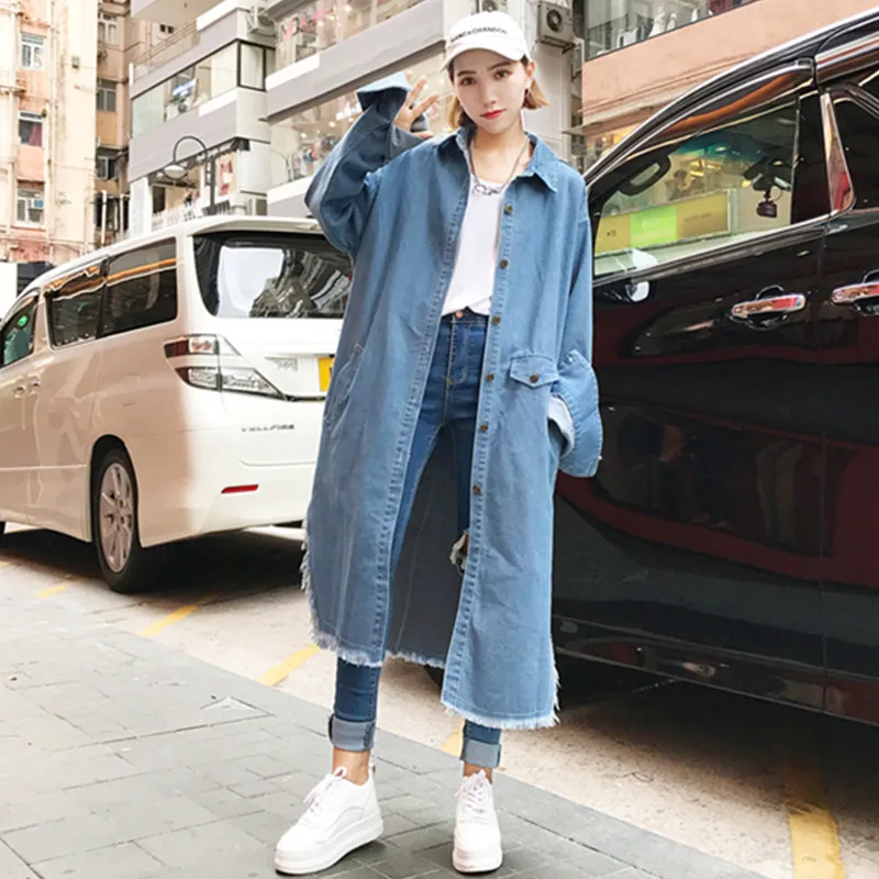 

New Womens Trendy Loose Harajuku Side Vent Females Coat Fashion Lady Student Style Vintage Solid Color Women Denim Trench Female