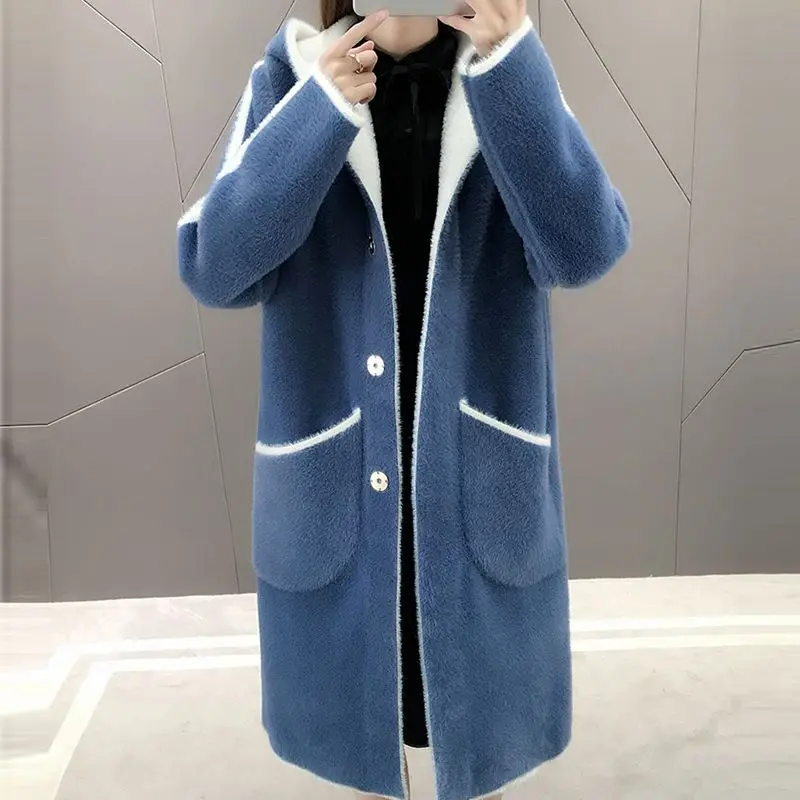Новинка, двухстороннее пальто из искусственного меха норки, Женские Длинные повседневные плотные теплые вязаные куртки с капюшоном, женские осенне-зимние пальто FP1770 - Цвет: blue white