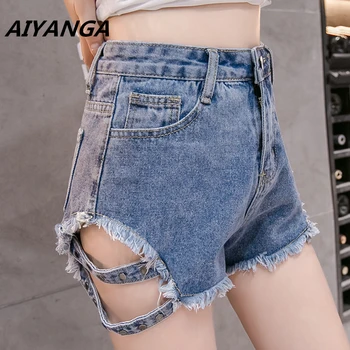 

Sexy Ladies Denim Shorts Ripped Hole 2018 Women Summer High Waist Punk Rock Side Hollow Out Party Club Hot Short Pants S-XXL