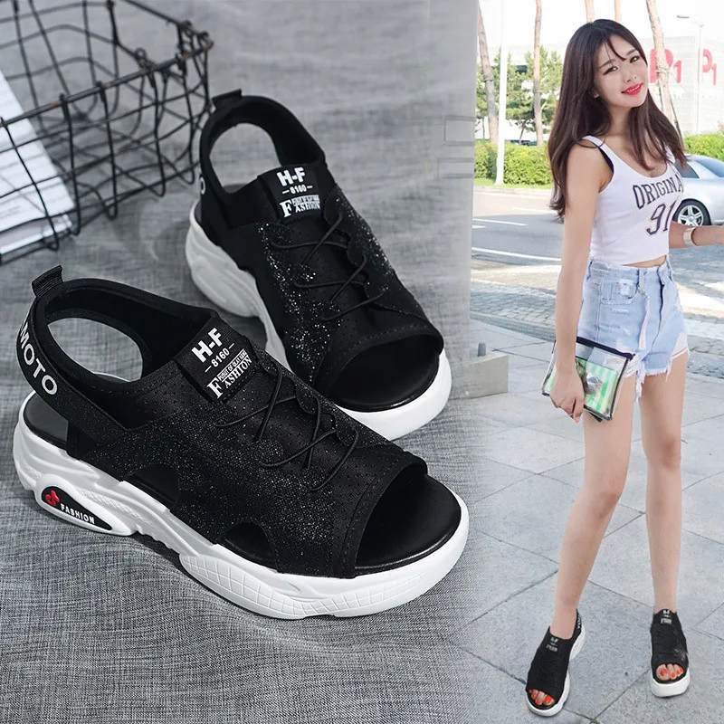 

Sandals women's thick bottom summer flat 2019 new Harajuku casual wild fish mouth muffin bottom sandals.