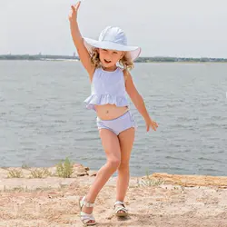 2019 Летний милый комплект бикини в синюю полоску с кисточками для маленьких девочек, модный купальный костюм, купальный костюм