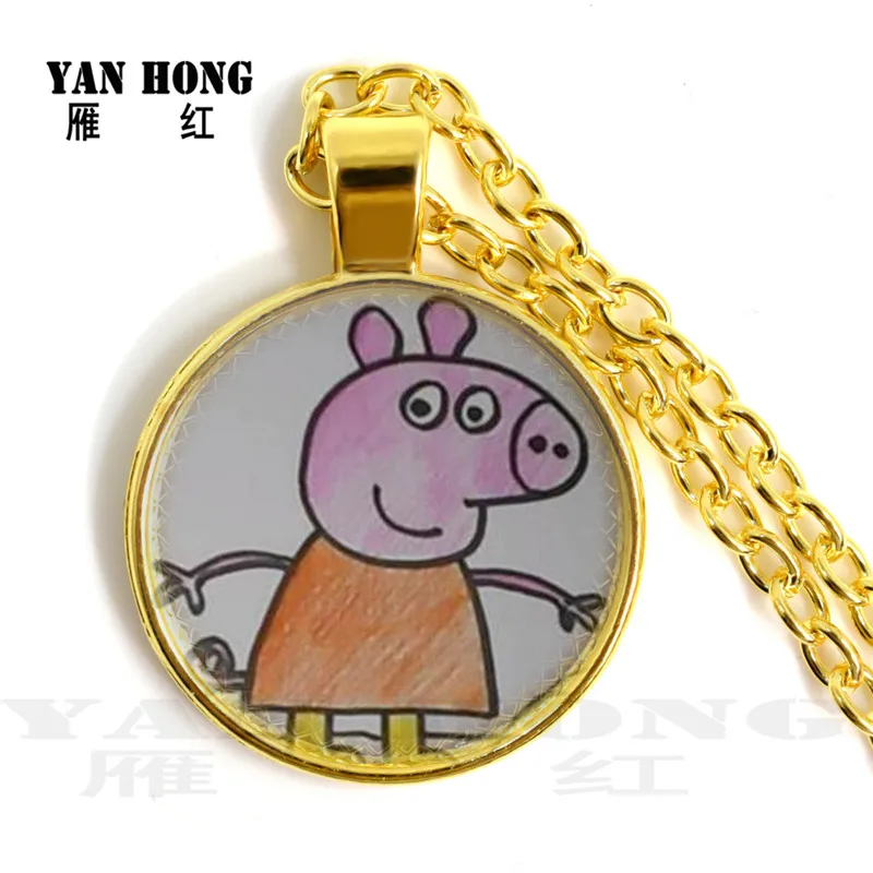 

Piggy doll Necklace Cute Princess glass 25mm dome Pendant Chain animated children's birthday gift