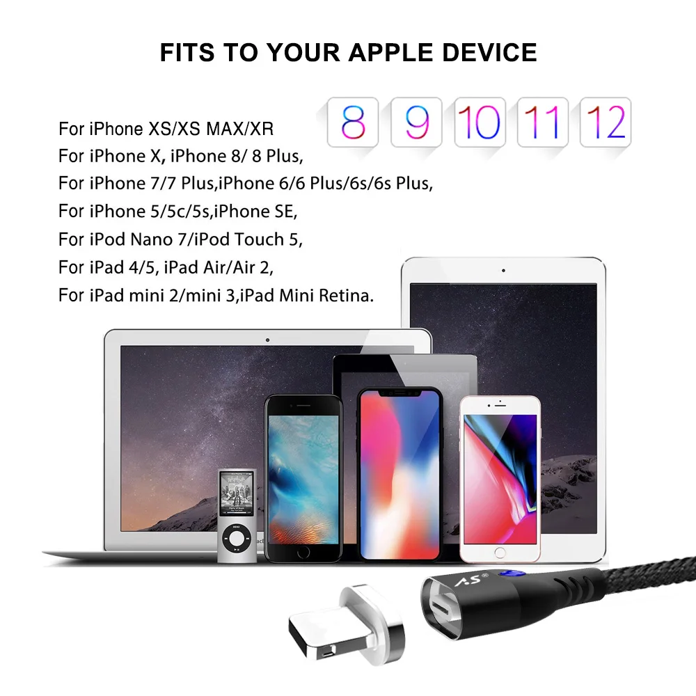 A.S Magnetic USB Cable for iPhone Cable XS Max XR X 8 7 6 Plus 6S 5 iPad Mini Fast Charging Cable Mobile Phone Charger Cord Data