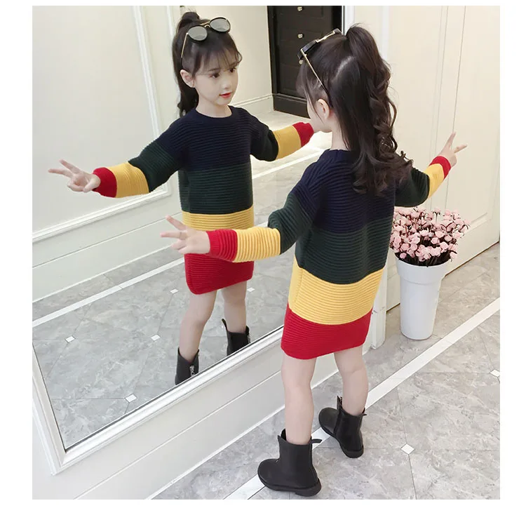 2018 autumn winter patchwork striped knit dresses for teenage girls sweater clothing kids fleece warm knitting dress clothes (10)
