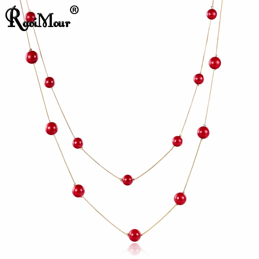 RAVIMOUR 4 цвета, красное ожерелье с искусственным жемчугом, Женская Длинная цепочка, многослойное колье, ювелирное изделие, трендовые аксессуары для свитера