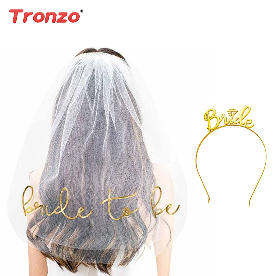 

Tronzo Team Bride Crown Headband Wedding Decoration Bridal Shower Gold Bride to be Wedding Veil Hair Accessories Hen Party Favor