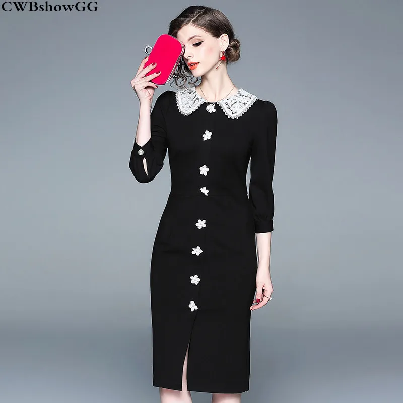 

CWBshowGG 2019 New Spring And Autumn Women's Slim Sexy Peter Pan Collar Three Quarter Sleeve Vintage Black Lace Bodycon Dress