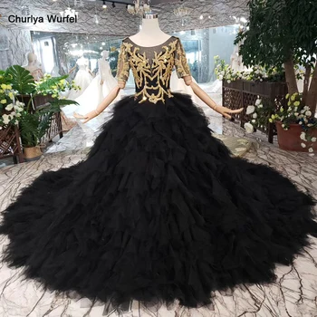 

LS20339 Black evening dress long for women o-neck v-back golden lace cake style formal dress with detachable train 3.28 discount