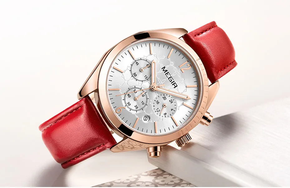 Megir женские кожаные кварцевые часы, часы с хронографом, 24 часа, водонепроницаемые наручные часы для девушек и женщин, Relogios Femininos, 2115 розовый цвет