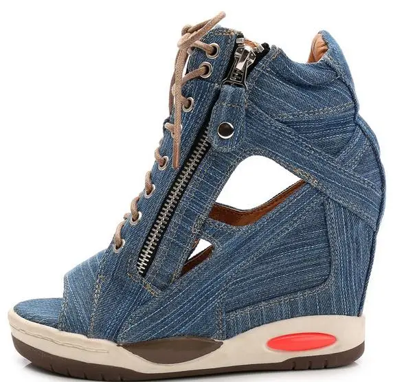 

New 2017 summer and autumn Woman's Increased within Wedges Shoe Waterproof Denim canvas sandals Ms. open-toed sandals fish head