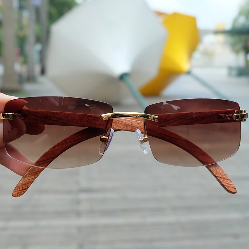 Vintage Rimless Sunglasses Wood Red Sunglass Men Luxury Eyewear Mens