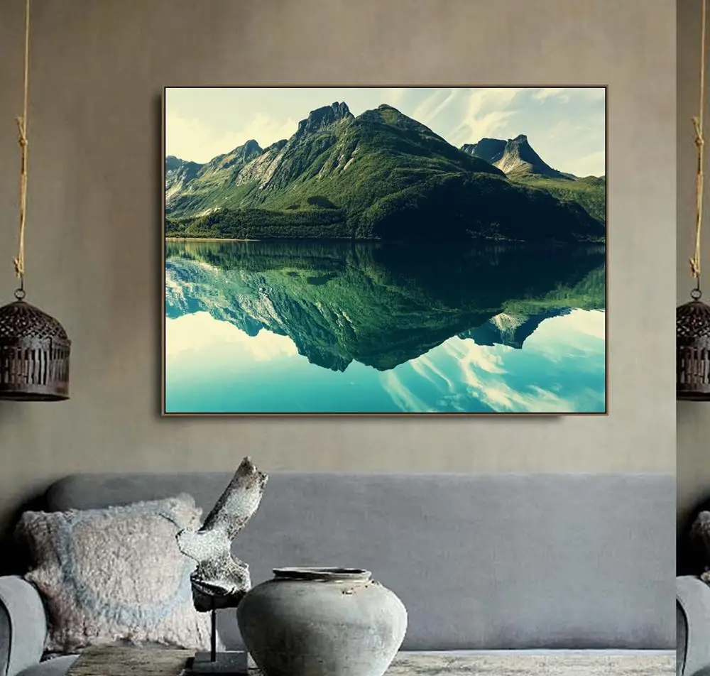 

Lake and mountains Scenery Canvas Painting Calligraphy Prints Home Decoration Wall Art Poster Pictures For Living Room Bedroom