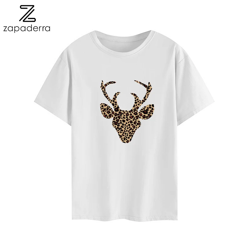 

Clothes 2019 Tshirt Women Funny Cartoon Print Antlers PatternTops Streetwear Shorts White Cotton T shirt Femme Plus Size T-shirt