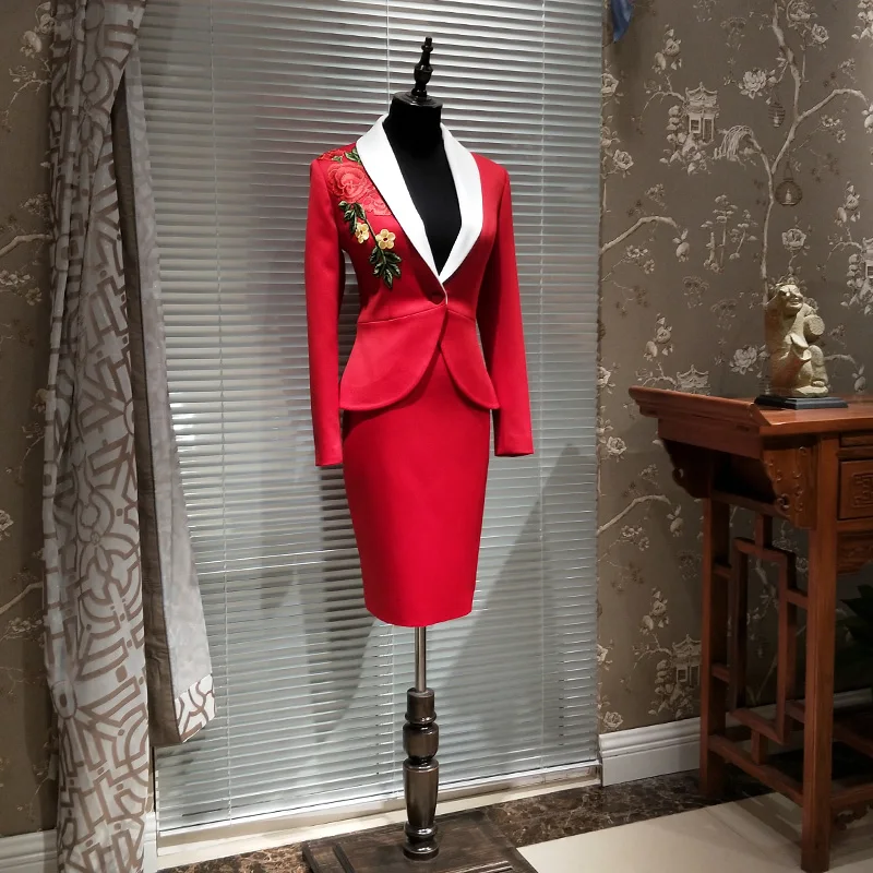 Китайский профессиональный костюм с юбкой, Униформа с вышивкой, комплект из двух предметов, блейзер и костюмы высокого класса, роскошная Офисная Женская одежда