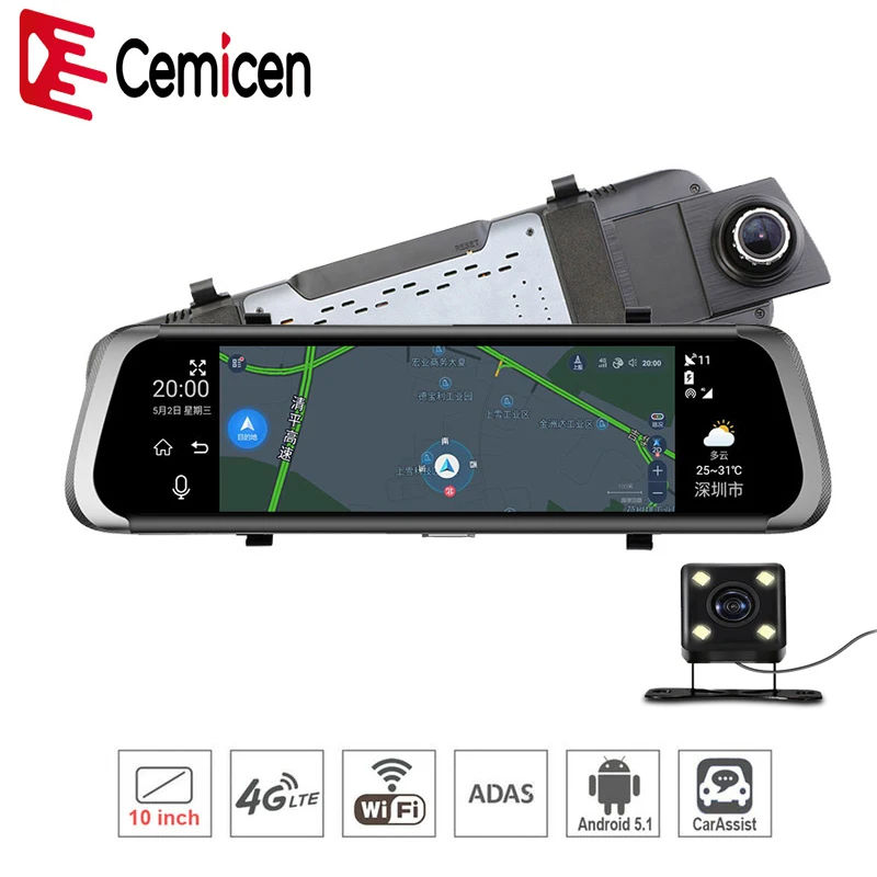 

Cemicen Android 5.1 4G Wifi 10" Car DVR Dash Cam Rearview Mirror Dash Camera Dual Lens ADAS GPS Navigation Bluetooth Recorder