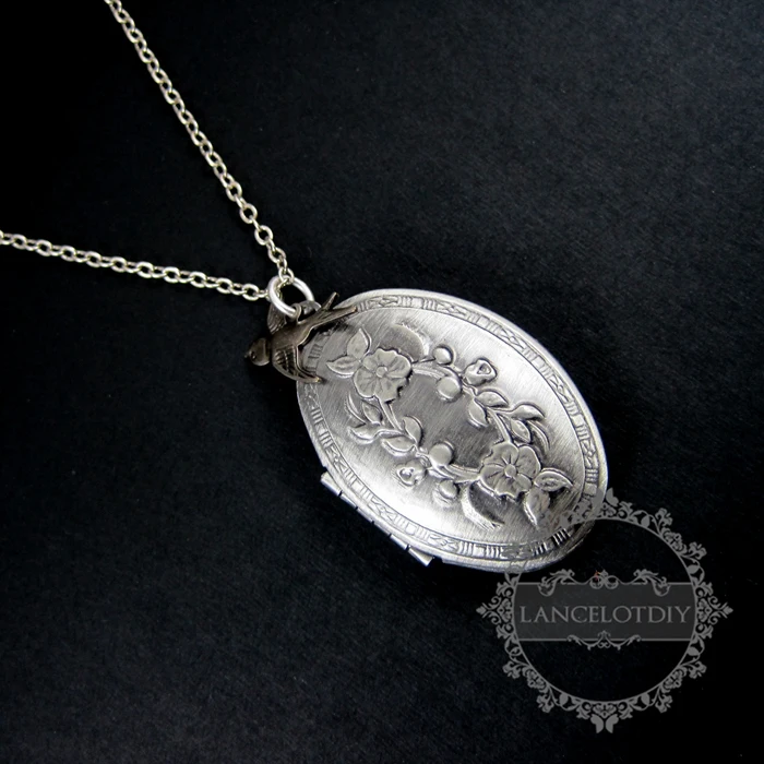 

spring swallow bird series antiqued silver flower engraved oval photo locket pendant charm with vintage brass necklace 6340017